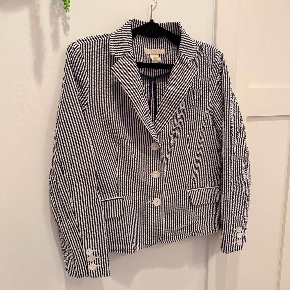 Sandro Designer Seersucker Navy White Stripes 100% Cotton Women's Blazer Size L - Picture 3 of 9
